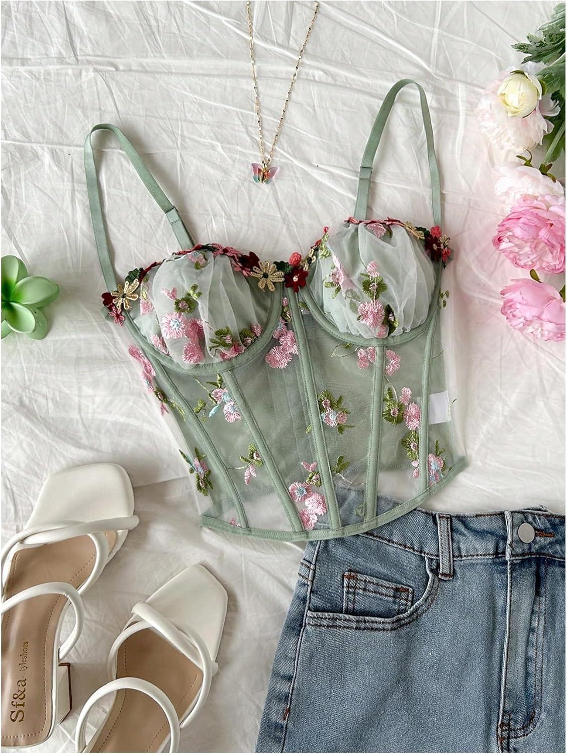 image:imageMakeMeChic Womens Floral Mesh Corset Sheer Top Spaghetti Strap Going Out TopsMulticolor