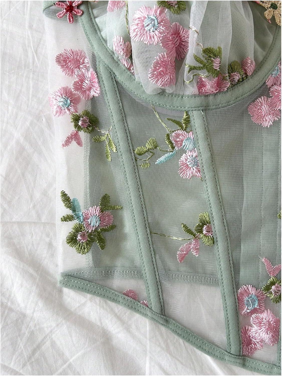 image:imageMakeMeChic Womens Floral Mesh Corset Sheer Top Spaghetti Strap Going Out TopsMulticolor