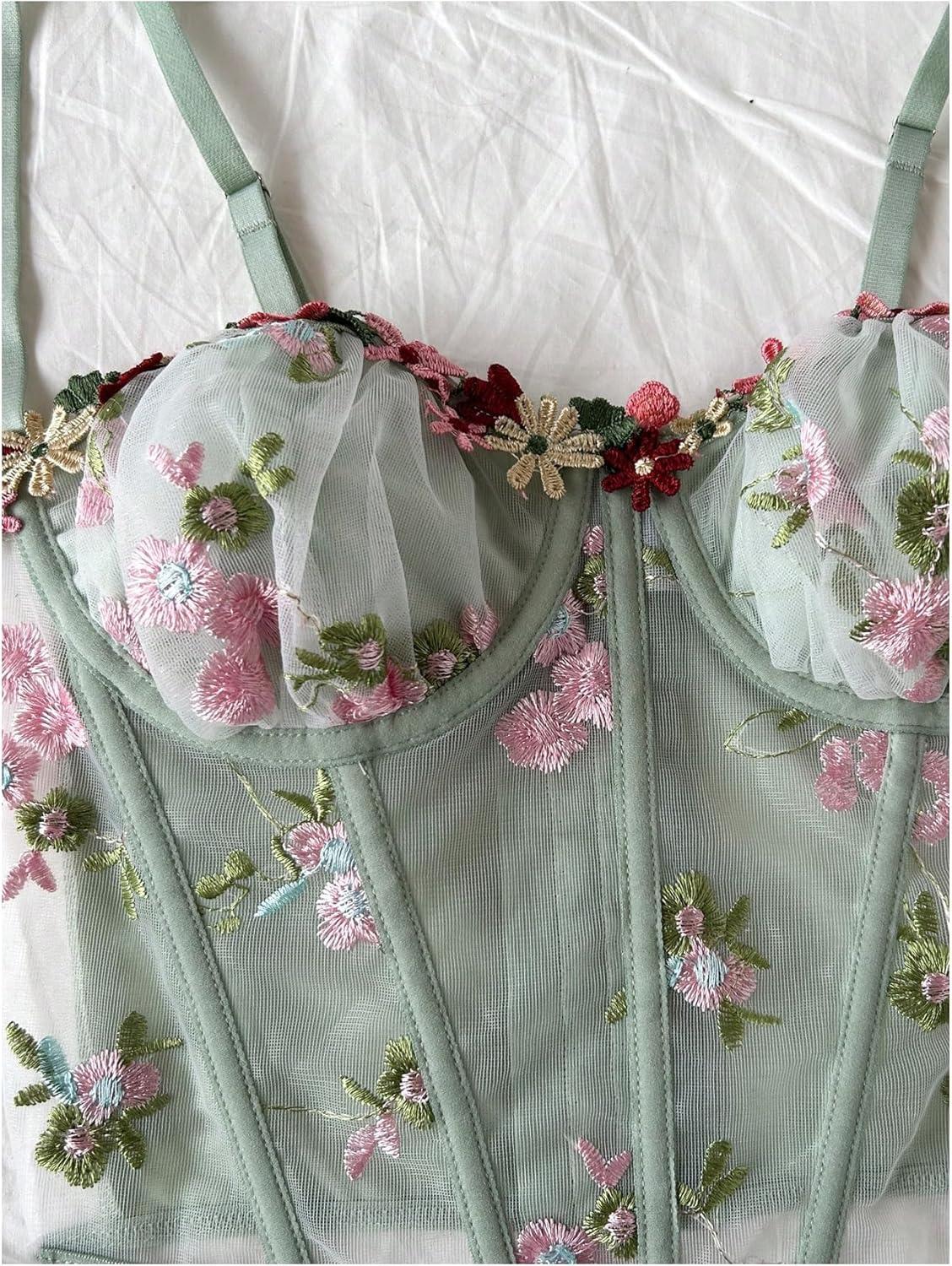 image:imageMakeMeChic Womens Floral Mesh Corset Sheer Top Spaghetti Strap Going Out TopsMulticolor