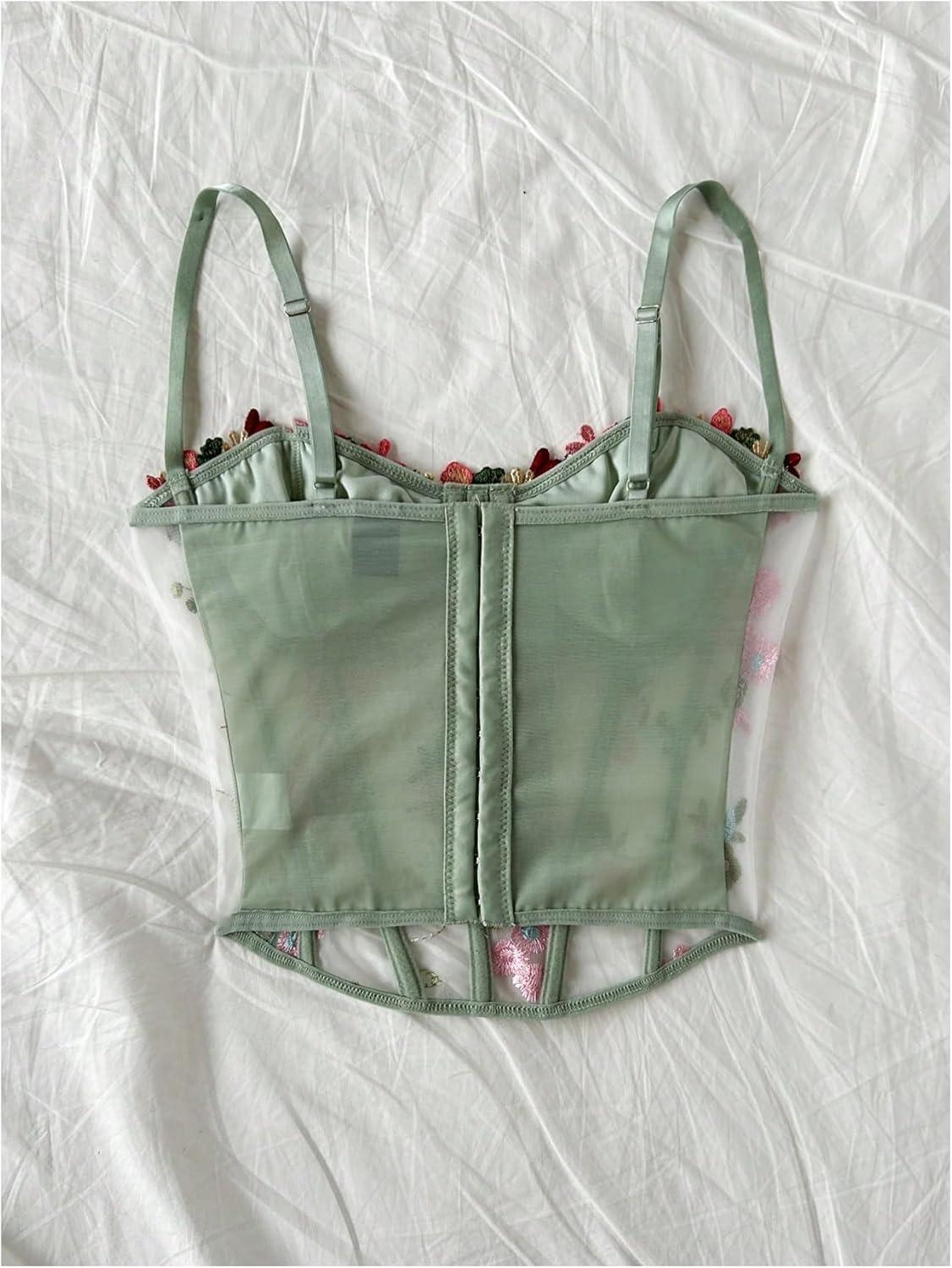 image:imageMakeMeChic Womens Floral Mesh Corset Sheer Top Spaghetti Strap Going Out TopsMulticolor