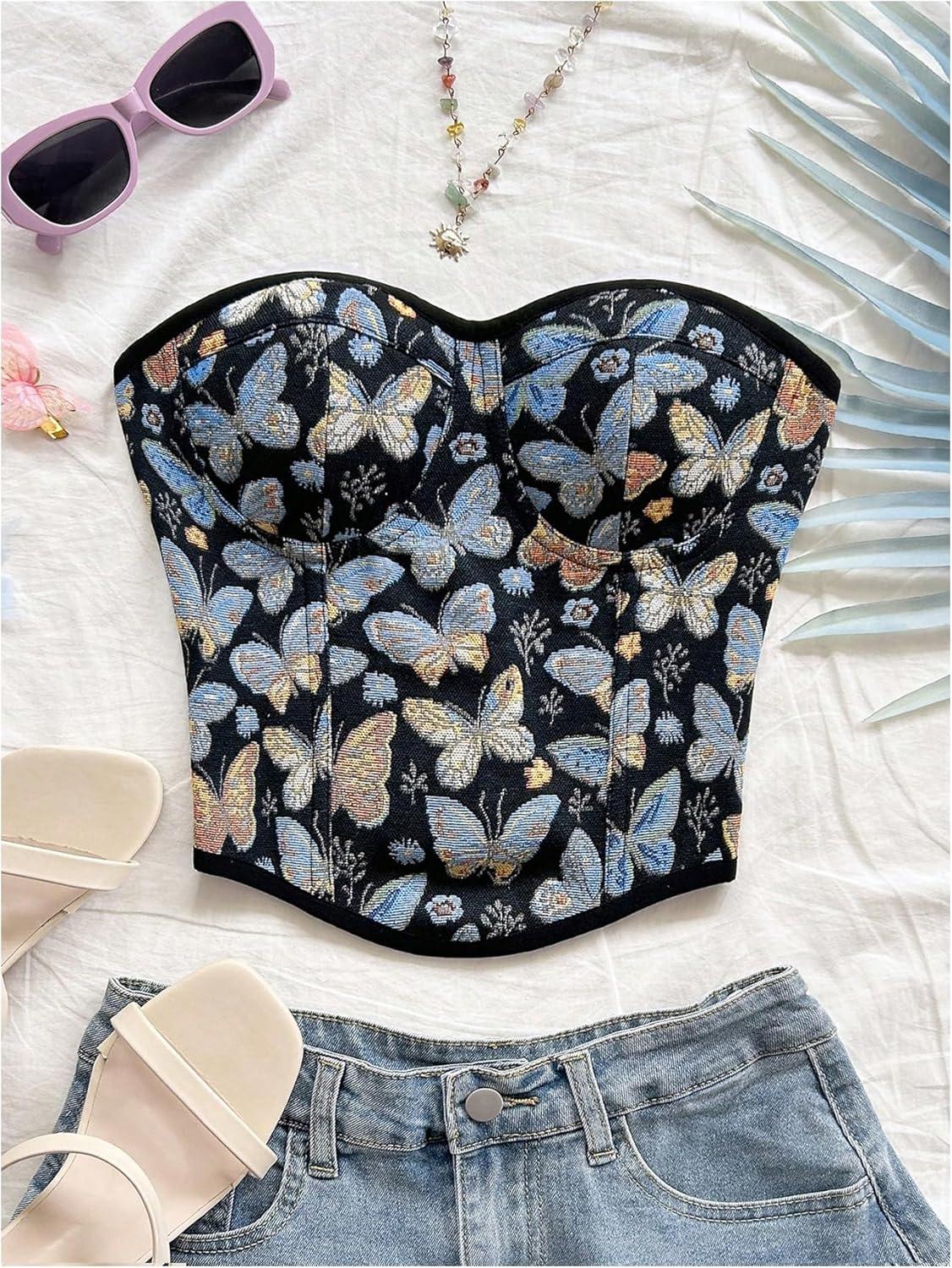 image:imageMakeMeChic Womens Floral Strapless Corset Top Vintage Lace Up Bustier Going Out TopBlack