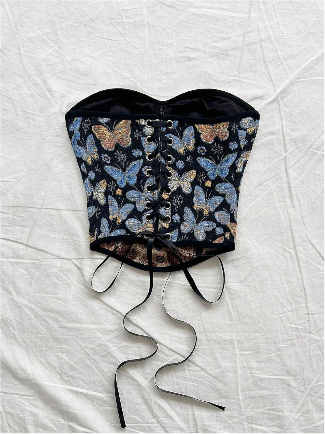 image:imageMakeMeChic Womens Floral Strapless Corset Top Vintage Lace Up Bustier Going Out TopBlack