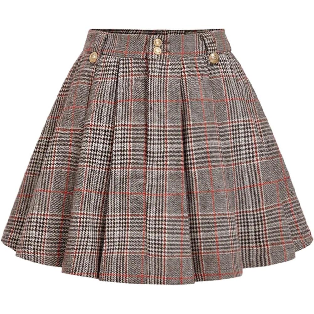 image:imageMakeMeChic Womens Corduroy High Waist Skirt Metal Button Pleated A Line Flare Skater Short SkirtsMulticolor