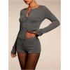 image:imageMakeMeChic Womens 2 Piece Spring Outfits Long Sleeve Crew Neck Button Down Shirt and Shorts Matching SetGrey