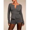 image:imageMakeMeChic Womens 2 Piece Spring Outfits Long Sleeve Crew Neck Button Down Shirt and Shorts Matching SetGrey