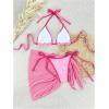 image:imageMakeMeChic Womens 3 Piece Bikini Set Halter Tie Back Triangle Swimsuit with Beach Cover Up SkirtPink