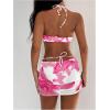 image:imageMakeMeChic Womens 3 Piece Swimsuits Floral Halter High Cut Bandeau Bikini Sets with Cover Up Skirt Bathing SuitPink White