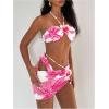 image:imageMakeMeChic Womens 3 Piece Swimsuits Floral Halter High Cut Bandeau Bikini Sets with Cover Up Skirt Bathing SuitPink White