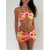 image:imageMakeMeChic Womens 3 Piece Swimsuits Floral Halter High Cut Bandeau Bikini Sets with Cover Up Skirt Bathing SuitYellow