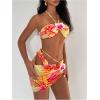 image:imageMakeMeChic Womens 3 Piece Swimsuits Floral Halter High Cut Bandeau Bikini Sets with Cover Up Skirt Bathing SuitYellow