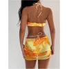 image:imageMakeMeChic Womens 3 Piece Swimsuits Floral Halter High Cut Bandeau Bikini Sets with Cover Up Skirt Bathing SuitYellow Orange