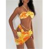 image:imageMakeMeChic Womens 3 Piece Swimsuits Floral Halter High Cut Bandeau Bikini Sets with Cover Up Skirt Bathing SuitYellow Orange