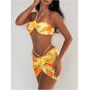 image:imageMakeMeChic Womens 3 Piece Swimsuits Floral Halter High Cut Bandeau Bikini Sets with Cover Up Skirt Bathing SuitYellow Orange