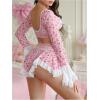 image:imageMakeMeChic Womens 3 Piece Valentines Lingerie Sets Cherry Heart Bow Long Sleeve Crop Top and Thongs Set with Mini SkirtPink