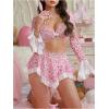 image:imageMakeMeChic Womens 3 Piece Valentines Lingerie Sets Cherry Heart Bow Long Sleeve Crop Top and Thongs Set with Mini SkirtPink