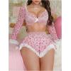 image:imageMakeMeChic Womens 3 Piece Valentines Lingerie Sets Cherry Heart Bow Long Sleeve Crop Top and Thongs Set with Mini SkirtPink