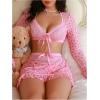 image:imageMakeMeChic Womens 3 Piece Valentines Lingerie Sets Cherry Heart Bow Long Sleeve Crop Top and Thongs Set with Mini SkirtPink B