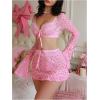 image:imageMakeMeChic Womens 3 Piece Valentines Lingerie Sets Cherry Heart Bow Long Sleeve Crop Top and Thongs Set with Mini SkirtPink B
