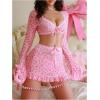 image:imageMakeMeChic Womens 3 Piece Valentines Lingerie Sets Cherry Heart Bow Long Sleeve Crop Top and Thongs Set with Mini SkirtPink B