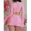 image:imageMakeMeChic Womens 3 Piece Valentines Lingerie Sets Cherry Heart Bow Long Sleeve Crop Top and Thongs Set with Mini SkirtPink B
