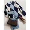 image:imageMakeMeChic Womens Argyle Plaid Sweater Crew Neck Long Sleeve Knit Vintage PulloversBlue