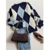 image:imageMakeMeChic Womens Argyle Plaid Sweater Crew Neck Long Sleeve Knit Vintage PulloversBlue