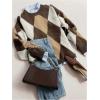 image:imageMakeMeChic Womens Argyle Plaid Sweater Crew Neck Long Sleeve Knit Vintage PulloversBrown