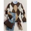 image:imageMakeMeChic Womens Argyle Plaid Sweater Crew Neck Long Sleeve Knit Vintage PulloversBrown