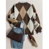 image:imageMakeMeChic Womens Argyle Plaid Sweater Crew Neck Long Sleeve Knit Vintage PulloversBrown