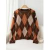 image:imageMakeMeChic Womens Argyle Plaid Sweater Crew Neck Long Sleeve Knit Vintage PulloversBrown B