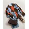 image:imageMakeMeChic Womens Argyle Plaid Sweater Crew Neck Long Sleeve Knit Vintage PulloversBrown and Blue