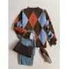 image:imageMakeMeChic Womens Argyle Plaid Sweater Crew Neck Long Sleeve Knit Vintage PulloversBrown and Blue