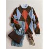 image:imageMakeMeChic Womens Argyle Plaid Sweater Crew Neck Long Sleeve Knit Vintage PulloversBrown and Blue