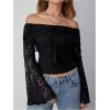 image:imageMakeMeChic Womens Bell Sleeve Lace Tops Off The Shoulder Crop Tops Summer Boho Going Out TopsBlack B