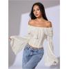 image:imageMakeMeChic Womens Bell Sleeve Lace Tops Off The Shoulder Crop Tops Summer Boho Going Out TopsWhite