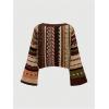 image:imageMakeMeChic Womens Boho Striped Crop Sweaters Bell Sleeve Crew Neck Knit TopsBrown
