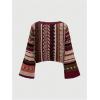 image:imageMakeMeChic Womens Boho Striped Crop Sweaters Bell Sleeve Crew Neck Knit TopsRed