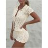 image:imageMakeMeChic Womens Crochet 2 Piece Sets Boho Tops Mini Shorts Swimsuit Coverup Beach Vacation OutfitsBeige