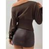 image:imageMakeMeChic Womens Cropped Sweater Off The Shoulder Sweater Tops Y2k Long Sleeve Knit Crop TopsBrown