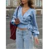 image:imageMakeMeChic Womens Cropped Sweaters Spring Wrap Sweater V Neck Tie Front Long Sleeve Knit TopsBlue