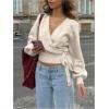 image:imageMakeMeChic Womens Cropped Sweaters Spring Wrap Sweater V Neck Tie Front Long Sleeve Knit TopsKhaki