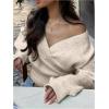 image:imageMakeMeChic Womens Cropped Sweaters Spring Wrap Sweater V Neck Tie Front Long Sleeve Knit TopsKhaki