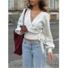 image:imageMakeMeChic Womens Cropped Sweaters Spring Wrap Sweater V Neck Tie Front Long Sleeve Knit TopsLight Grey