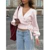 image:imageMakeMeChic Womens Cropped Sweaters Spring Wrap Sweater V Neck Tie Front Long Sleeve Knit TopsPink