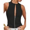 image:imageMakeMeChic Womens Cut Out Striped Tank Tops Crew Neck Zipper Sleeveless Dressy ShirtBlack