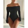 image:imageMakeMeChic Womens Fuzzy Off The Shoulder Bodysuit Ruched Long Sleeve Party Club TopsBlack