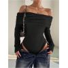 image:imageMakeMeChic Womens Fuzzy Off The Shoulder Bodysuit Ruched Long Sleeve Party Club TopsBlack