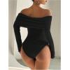 image:imageMakeMeChic Womens Fuzzy Off The Shoulder Bodysuit Ruched Long Sleeve Party Club TopsBlack