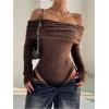 image:imageMakeMeChic Womens Fuzzy Off The Shoulder Bodysuit Ruched Long Sleeve Party Club TopsBrown