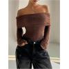 image:imageMakeMeChic Womens Fuzzy Off The Shoulder Bodysuit Ruched Long Sleeve Party Club TopsBrown